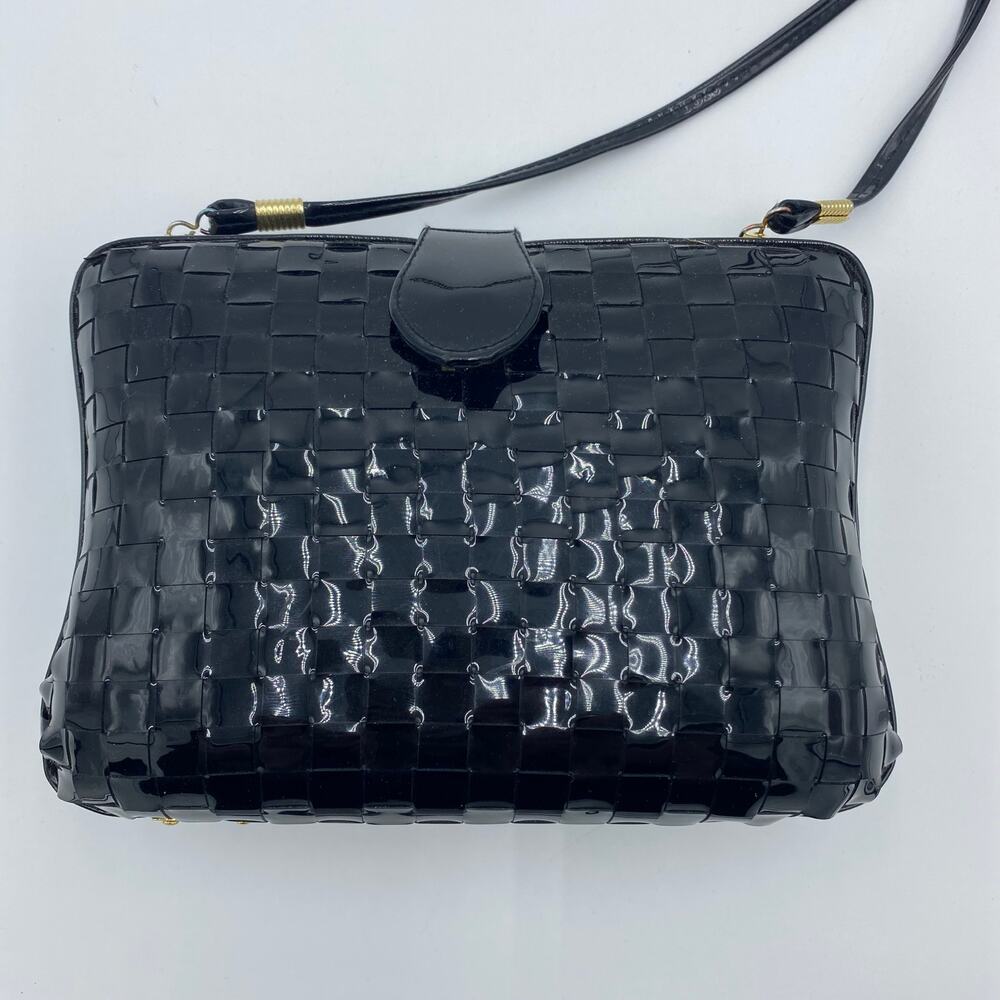 Pillbox Purse Basketweave Black Paten Leather Hard‎ Case Optional Strap